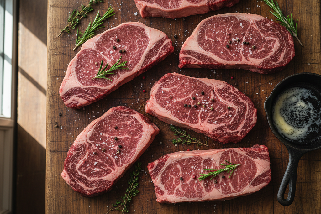 raw steaks with butch block background
